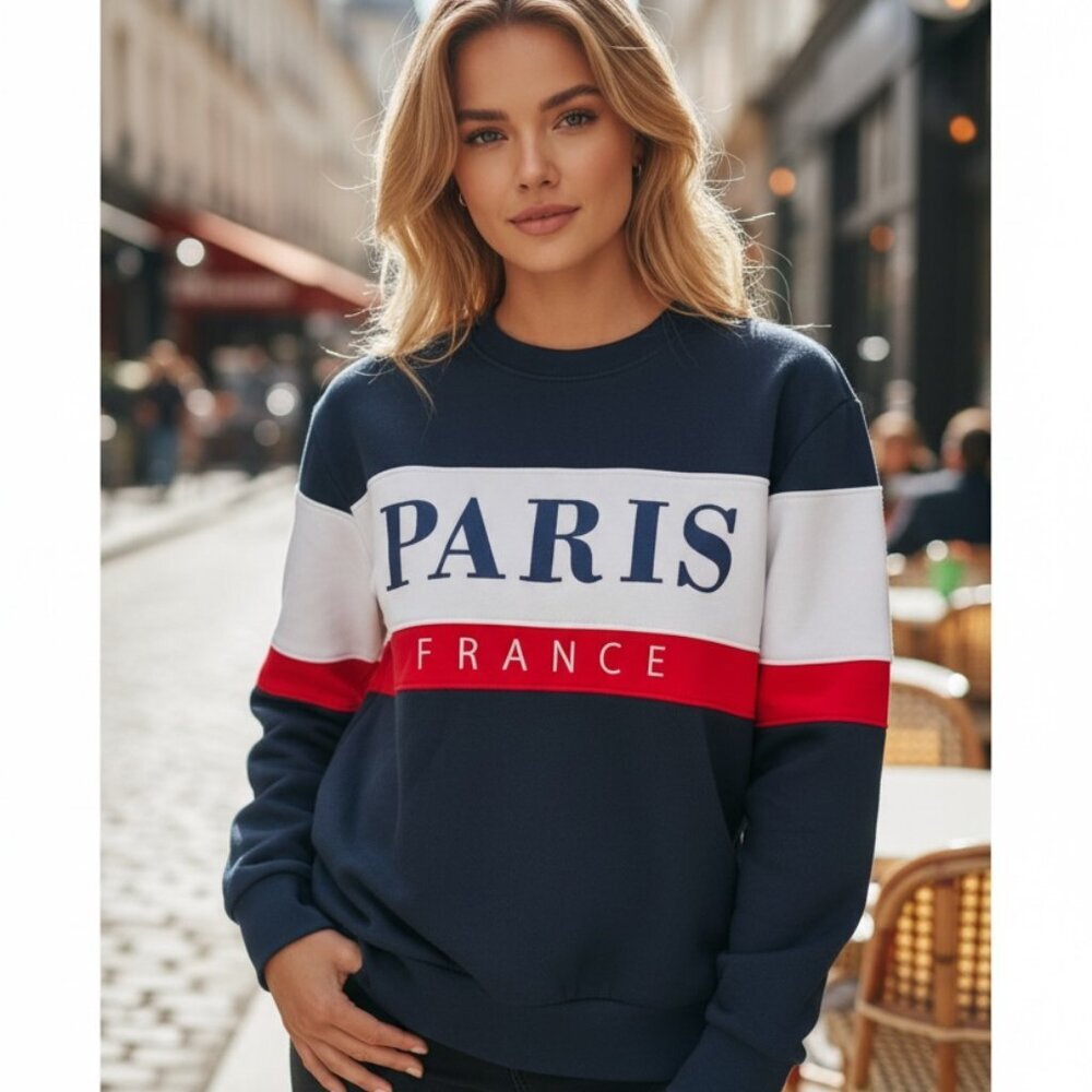 Paris France Colorblock Sweatshirt – Navy White Red – Made in Europe – Size Smal